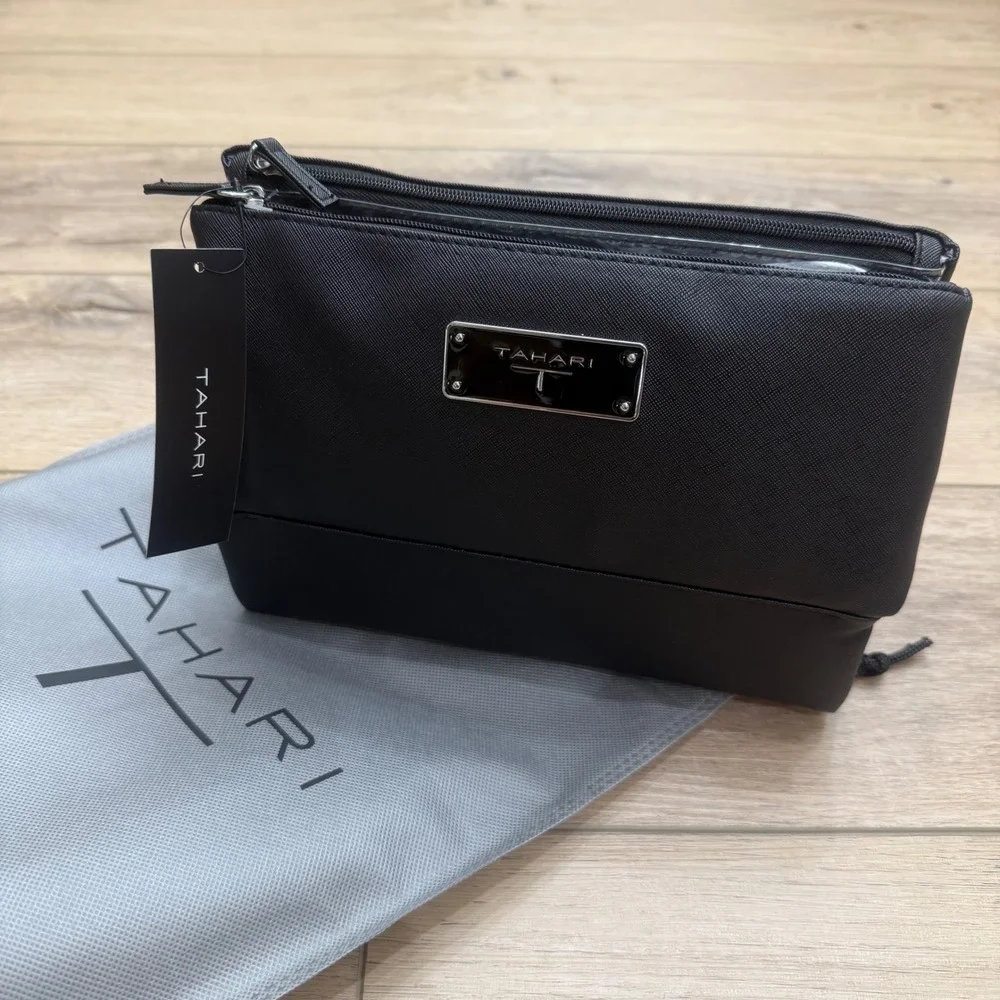 Tahari Black Saffiano Pyramid Case Tri-Fold Cosmetic Toiletry Bag NWT Travel